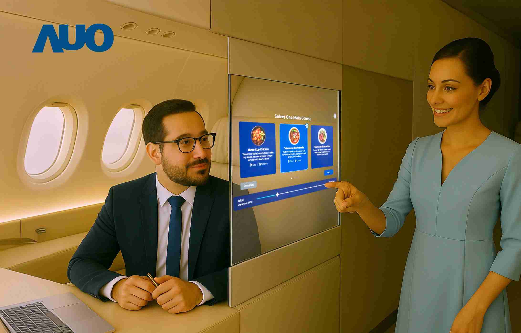 PG国际研发全球最薄17.3 吋双面透明 Micro LED 显示器，，，，可在同一屏幕之双边投射不同信息，，，，创造独特的”透明化”互动；图为实时翻译交流应用情境